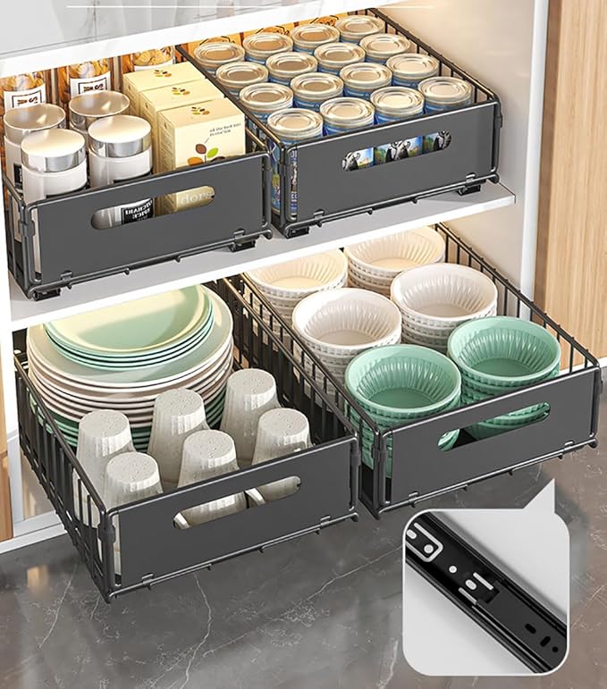 Pull Out Cabinet Organizer Slide Out Drawer Storage Shelves Cupboard Organiser Sliding Cabinet Basket for Kitchen No Drilling and Nailing (Black, 4Piece 9.8" W X15 D X 7.5" H)