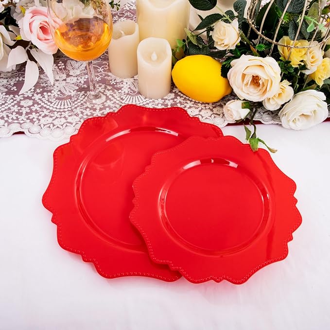 COLOSUS Disposable Plastic Plates 60Pcs, Christmas Red Plastic Party Plates, Heavy Duty 30 Dinner plate 10.5??and 30 Salad/Dessert Plate 8.25??for Christmas party dinner