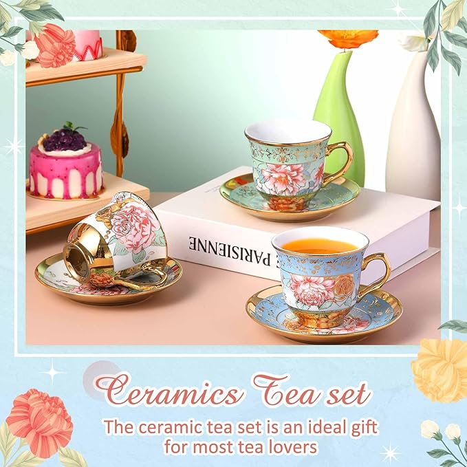 Set of 6 Tea Cups and Saucers Tea Party Decorations Floral Porcelain 5.4 oz British Gift for Women Birthday Party, Church, and Mother's Day (Classic Style)
