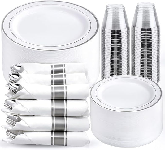 WELLIFE 350Pcs Silver Plastic Plates for 50 Guests - Disposable Dinnerware Set, Christmas Party Supplies Includes 100 Silver plates,150 Silverware,50 Napkins,50 Cups,Christmas Plates Disposable