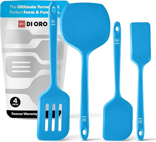 New DI ORO Silicone Turner Spatula Set - Kitchen Spatulas for Nonstick Cookware - Cooking Utensils for Flipping Eggs & Pancakes - 600째F Heat-Resistant BPA Free Turners - Dishwasher Safe (4pc, Blue)