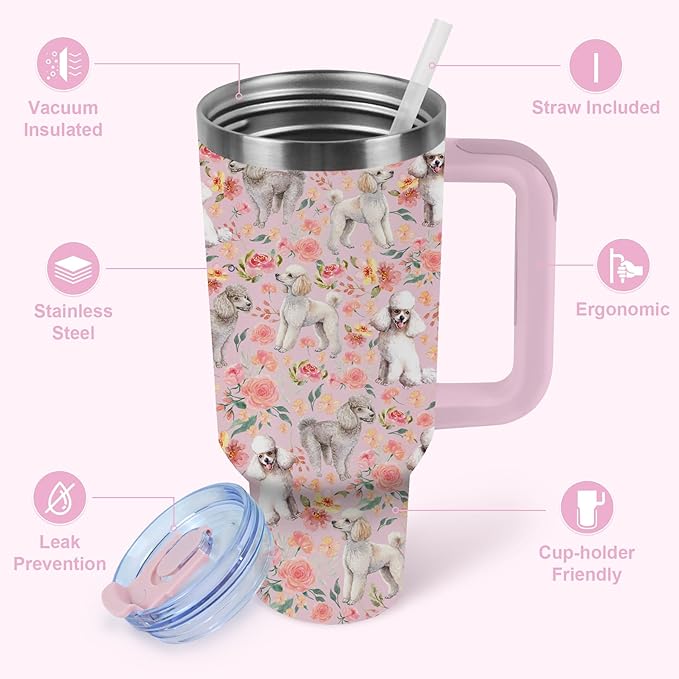 Yogusut Poodle Gifts for Women, 40oz Stainless Steel Insulated Tumbler Travel Mug Cup with Handle Straw, Gifts for Dog Mom Dog Lover