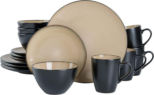 Gibson Elite Soho Lounge 16-Piece Round Reactive Glaze Stoneware Dinnerware Set, Service for 4 ??Taupe Plates and Bowls