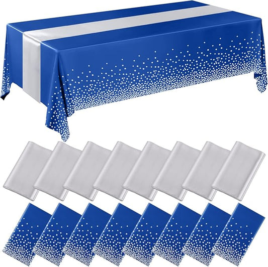 Tudomro 16 Pieces Silver and Dark Blue Disposable Plastic Tablecloths and Satin Table Runner Set 54x108 Inch Tablecloth 12x108 Inch Table Runners for New Year Wedding Birthday Baby Shower Graduation
