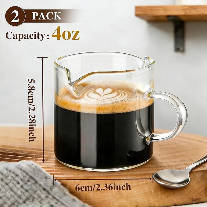 Espresso Cups Set of 2, 4 OZ Double Spouts Cups espresso measuring with handle Clear Glass Milk Coffee Accessories for Machine