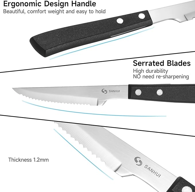 Steak Knives, Steak Knife Set of 6, German Stainless Steel Steak Knife Serrated