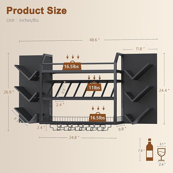 Hoctieon Wall Mounted Wine Rack, 3 Tier Hanging Wine Racks with Glass Holder, Large Capacity Bar Shelves, Metal Wood Bottle Display Storage for Kitchen, Home Bar, Dining Room, Black