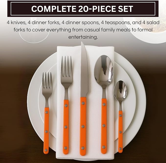 Khen 20-Piece Cutlery Set with Dinner Knives, Forks, Spoons, Salad Forks & Teaspoons ??Durable and Dishwasher Safe Utensil Set for Home, Kitchen, Parties & Special Occasions ??Orange Handle
