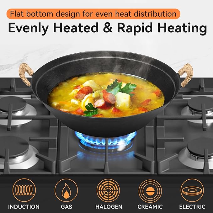WANGYUANJI 14.2 Inch Cast Iron Wok with Wooden Lid and Stainless Steel Spatula, Flat Bottom Double-Handle Chinese Stir Fry Pan, Uncoated Cast Iron Wok for Induction, Gas and Electric Stoves