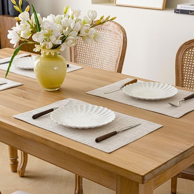 Aironment Placemats Set of 4, Bilayer Thickened Linen Place Mats Heat Resistant Machine Washable Wrinkle Free Carefully Selected Polyester Mats for Kitchen/Dining/Coffee Table (Cream Beige)