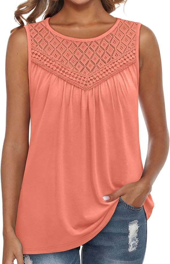 XIEERDUO Womens Tank Tops Sleeveless Lace Crochet Boho Tops Loose Fit Pleated Tunics Crewneck Summer Vacation Outfits Flowy