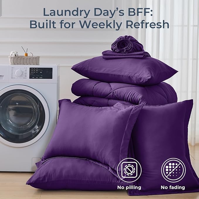 HEVUMYI Purple Queen Comforter Set - 7-Piece All Season Bed in a Bag Queen, Ultra Soft Bedding Set with Comforter, Flat Sheet, Fitted Sheet, Pillowcases, Pillow Shams
