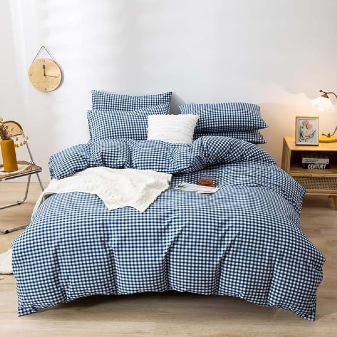 LifeTB Gingham Comforter Set Full 3 Pieces Royal Blue Grid Plaid Comforter Set Soft Fluffy Checkered Pattern Comforter with 2 Pillowcases Farmhouse Gingham Bedding Comforter Full Size for All Season