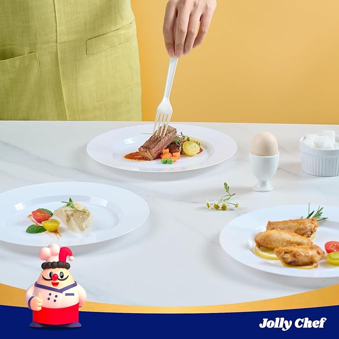 JOLLY CHEF 100 Pieces White Plastic Plates-10 Inch Elegant Disposable Plastic Plate, Disposable White for Weddings,Parties,Christmas,Birthdays and Events