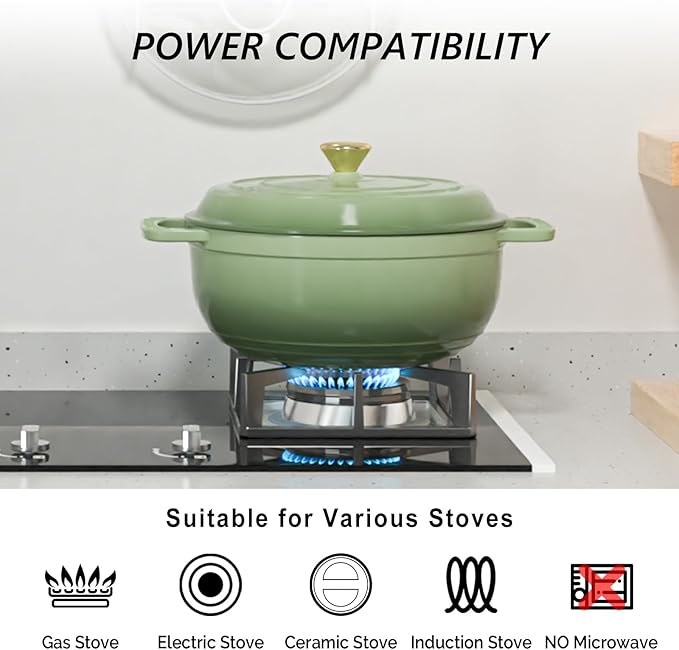 VINGLI 6QT Enameled Cast Iron Round Dutch Oven Pot with Lid, NonStick Casserole Pot with Dual Handles & Silicone GlovesRed, Oven Safe up to 500째F or on Stovetop, Dutch Oven for Bread Baking, Green