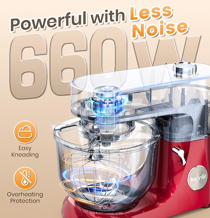 Stand Mixer 6QT Kitchen Mixer with LED Smart Touchscreen, 11-Speed Tilt-Head Mixer with Timer, 4 Preset Menus, Stainless Steel Bowl, Dough Hook, Whisk, Beater,Red