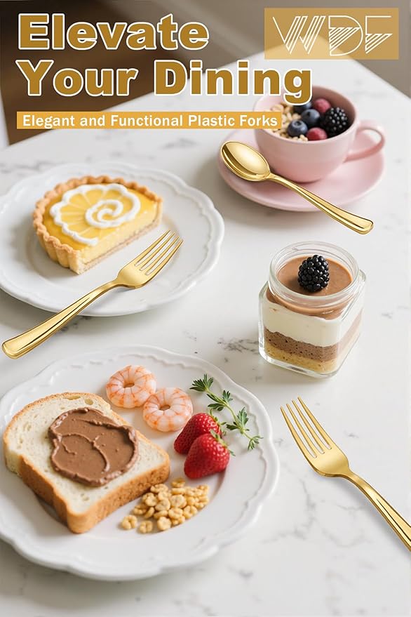 WDF 300PCS Gold Plastic Forks - Heavy Duty Gold Forks Disposable - Sturdy&Durable Plastic Silverware Bulk for Wedding/Party/Daily Using/Valentine's Day