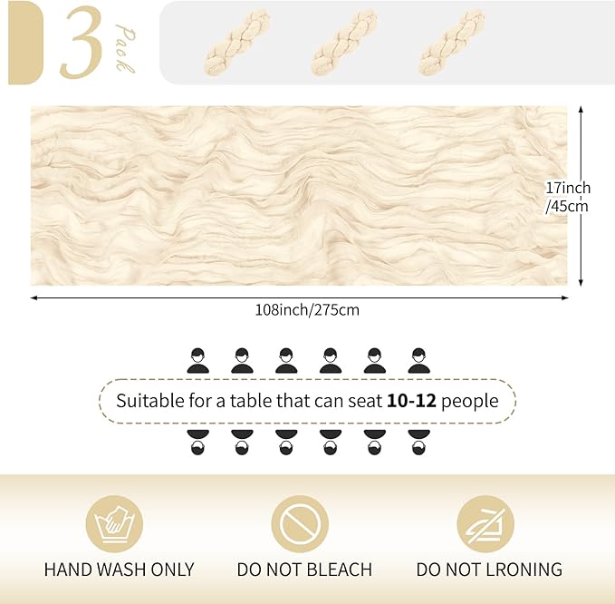 RealBox 3 Pack Ivory Cheesecloth Table Runner 17x108 Inch Semi Sheer Boho Gauze Cheese Cloth Fabric Table Runners Table Decor for Wedding Party Baby Shower Birthday Home Decor Garden Farmhouse
