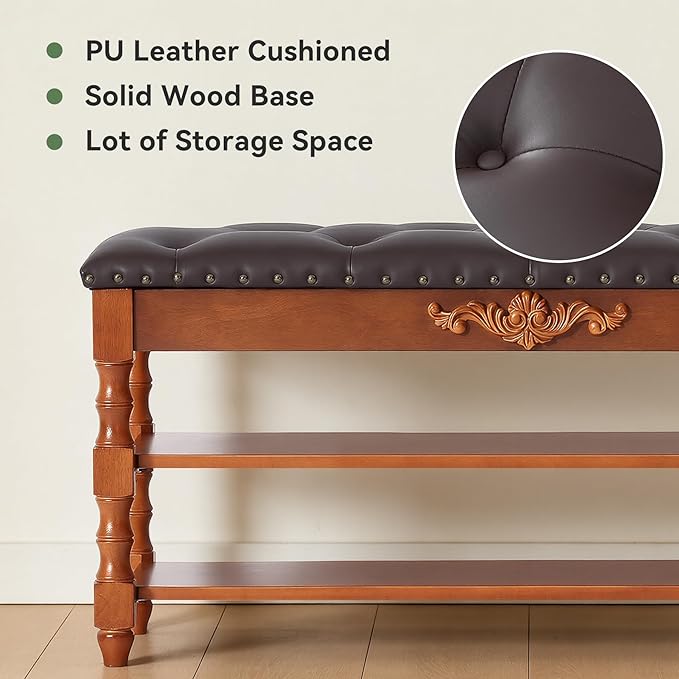 TRIBEWOOD 39-inch End of Bed Bench, Faux Leather Tufted Storage Bench with Lift Top Seat and 2 Tier Storage Shelves, Bedroom Bench Footrest Stool with Hidden Storage and Wood Leg, Vintage Style