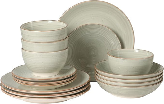 Gibson Home Stonebury 16 Piece Plates and Bowls Cream Grey Dishes - Handpainted Stoneware Dinnerware Set - Service for 4
