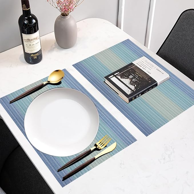 PIGCHCY Placemat,Washable Woven Non-Slip Insulation Durable Placemat Vinyl Table Mat Set of 6 (6pcs Placemats, Coastal Blue)