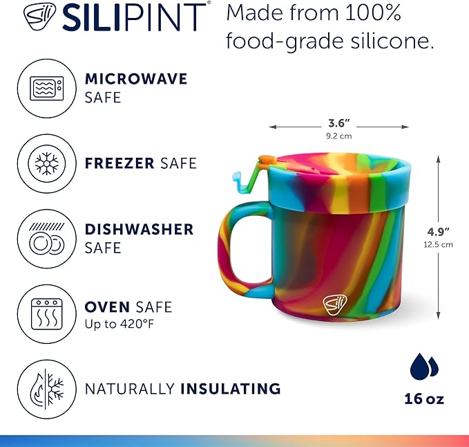 Silipint 16oz Silicone Coffee Mug Tumbler with Flip Lid ??Unbreakable Dishwasher Safe Microwave Oven & Freezer Compatible ??Non-Toxic Reusable Cup for Hot Coffee Tea or Cold Drinks (Hippie Hops)