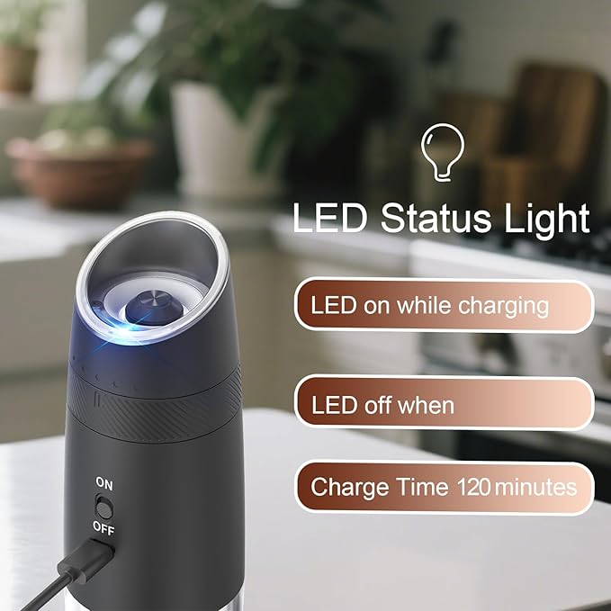 Electric Salt and Pepper Grinder Set ??Rechargeable Gravity Automatic Pepper Mill Gift Set with LED Light & 6 Adjustable Coarseness