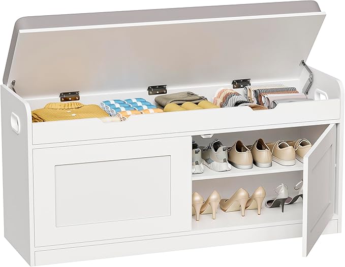 BEWISHOME Shoe Bench with Lift Top Storage, 2-Tier Storage Bench with Adjustable Shelf, Entryway Bench with Padded Seat Cushion, Wooden Shoe Organizer for Entryway Living Room Bedroom Hallway White