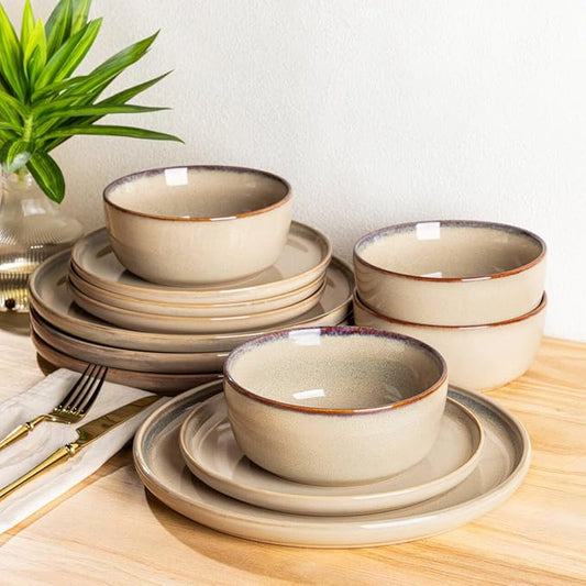 AmorArc Stoneware Dinnerware Sets,Round Reactive Ceramic Plates and Bowls Set,Highly Scratch Resistant | Dishwasher & Microwave Safe Dishes,Service for 4 (12pc)