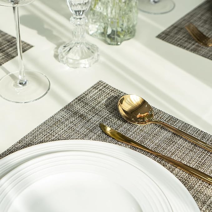 SUMYMERY Placemats Set of 4 Vinyl/Plastic Woven Place Mats for Kitchen Table Indoor/Outdoor Washable Placemat Wipeable Dining Table Mats (Brown,4)