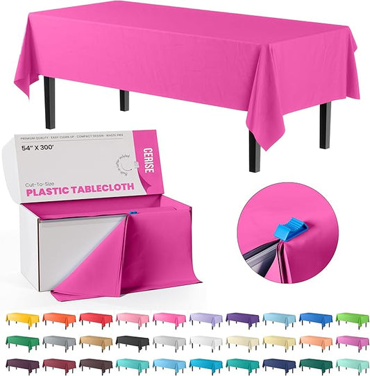 Party Solids 54 Inch X 300 Feet Cerise Plastic Table Cover Roll in A Cut - to - Size Box with Convenient Slide Cutter. Cuts Up to 36 Rectangle 8 Feet Plastic Disposable Tablecloths