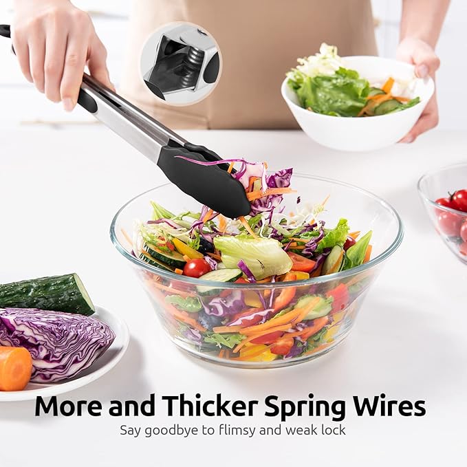 600쨘F Heat Resistant Kitchen Tongs: U-Taste 9+12 inch Silicone Cooking Tong Set with Firm Sealed Non Stick Rubber Tips and Silicon Coated 18/8 Stainless Steel Handle for Serving Grilling Salad (Black)