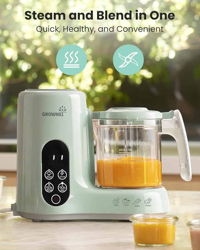 Grownsy Baby Food Maker with Steam Basket, One Step Baby Food Processor Steamer Puree Blender Grinder Mills Machine, Auto Cooking Grinding and Sterili-zing for Healthy Homemade Baby Food, Green