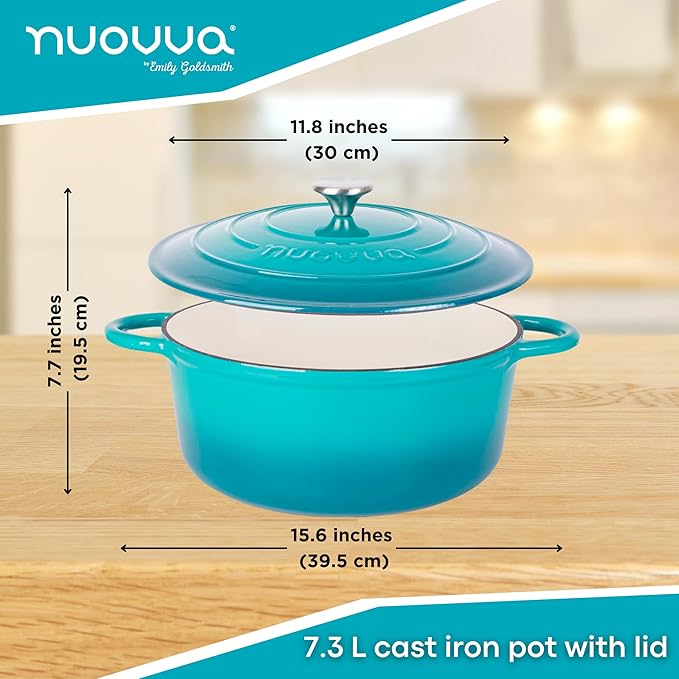 Cast Iron Dutch Oven with Lid ??Non-Stick Ovenproof Enamelled Casserole Pot ??Sturdy Dutch Oven Cookware ??Teal, 7.3-Quart, 30cm ??by Nuovva