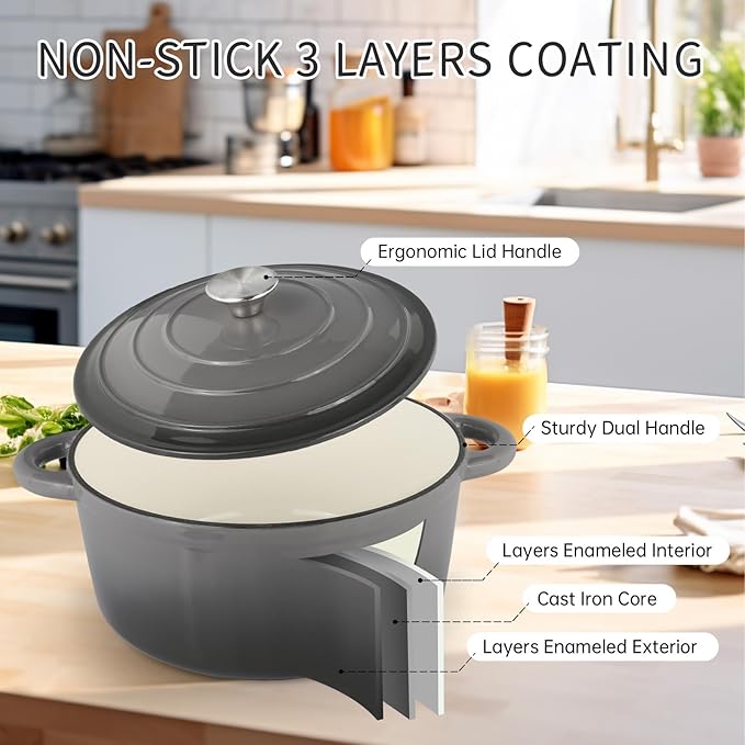 6 Quart Enameled Cast Iron Dutch Oven Pot with Lid, Oven Safe up to 500째F or on Stovetop, Non-stick Dutch Oven for Bread Baking, Cooking, Dual Handles Cookware, Grey