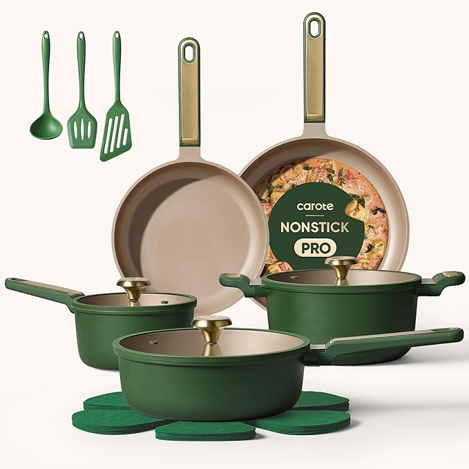 CAROTE Pots and Pans Set Non stick, Cookware Set, 16pcs NonStick Kitchen Set Induction Cookware Non-Toxic & PFOA&PFOS-Free, Dishwasher, Green