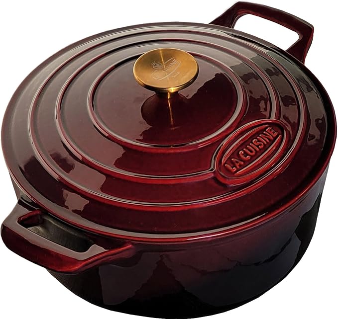 La Cuisine Enameled Cast Iron Dutch Oven Casserole Dish Pot with Lid, 5 QT 10.3??/26cm Dia. Internal Matte Black Enamel Coating Gold-Plated SS Lid Handle Oven Safe up to 500째 F, Cranberry