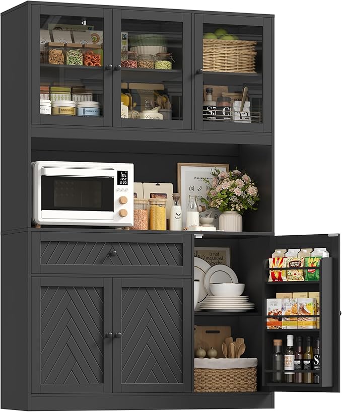 72??Tall Kitchen Pantry Storage Cabinet, Modern White Kitchen Hutch with Large Storage Drawer, Countertop, Adjustable Shelves, Food Pantry Cabinets for Dining Room, Living Room (Black)