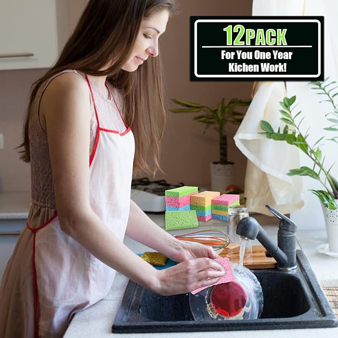 Compressed Cellulose Kitchen Sponges 12Pack竊똍on-Scratch Biodegradable Natural Colorful Sponge Scrub for Dishes Cleaning,Funny DIY Sponge for Kids