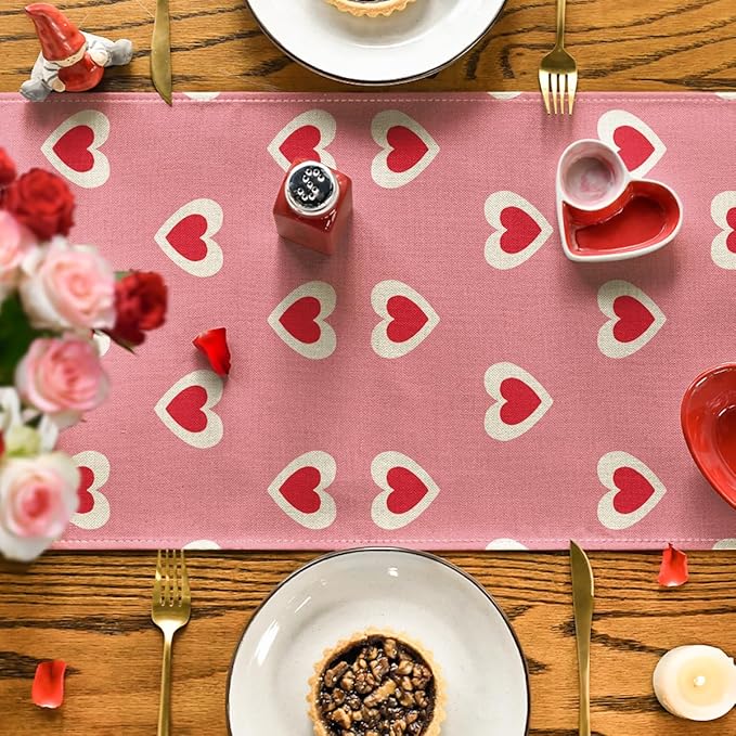 Artoid Mode Pink Love Hearts Valentine's Table Runner, Wedding Kitchen Dining Table Decoration for Home Party Decor 13x72 Inch