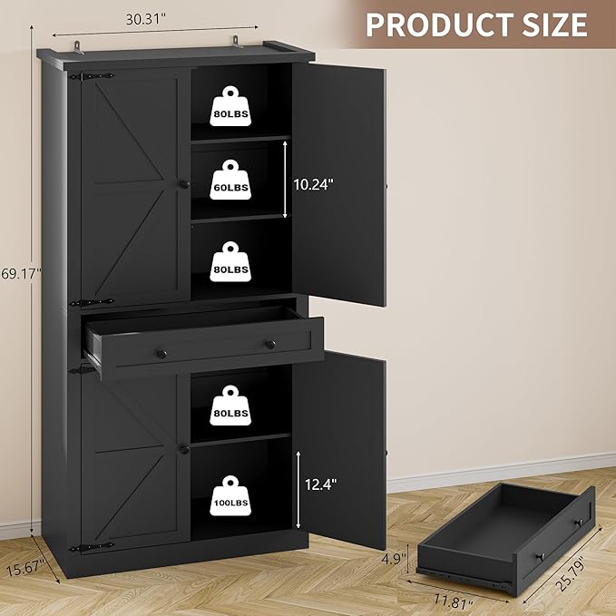 Pantry Organizers and Storage Cabinet, 70??Barn Door White Kitchen Cabinet with Drawers and Adjustable Shelf, Tall Pantry for Kitchen, Dining Room, Living Room Bedroom