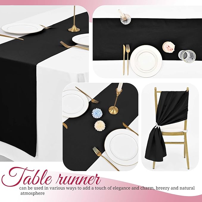 12 Pack Black Table Runner 12 x 108 Inch Long Rustic Farmhouse Wedding Fall Table Runner,Washable and Reusable Polyester Table Runners for Wedding Birthday Party Banquet Table Decorations