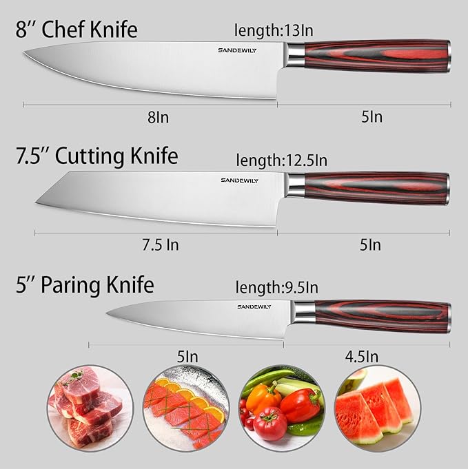3-Piece Professional Chef Knife Set - Ultra Sharp Japanese Knives with High Carbon Stainless Steel Blades, Ergonomic PakkaWood Handles, and Sheaths in Gift Box for Home or Restarant
