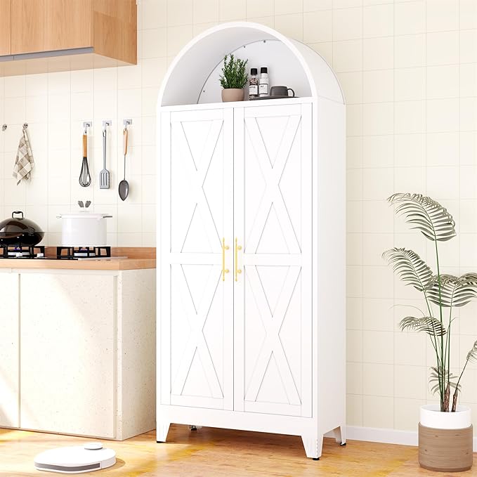 73"H Metal Tall Arched Kitchen Pantry Cabinet, Modern Farmhouse China Storage Cabinets with 2 Door and Adjustable Shelves, Versatile Cupboard for Kitchen, Dining Room, Bathroom, Bedroom（White）