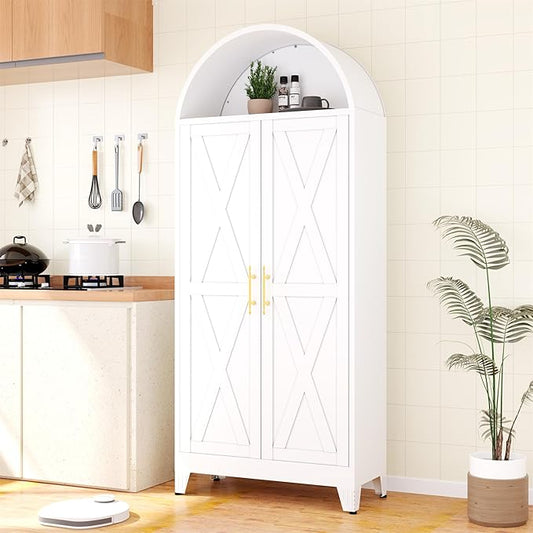 73"H Metal Tall Arched Kitchen Pantry Cabinet, Modern Farmhouse China Storage Cabinets with 2 Door and Adjustable Shelves, Versatile Cupboard for Kitchen, Dining Room, Bathroom, Bedroom（White）