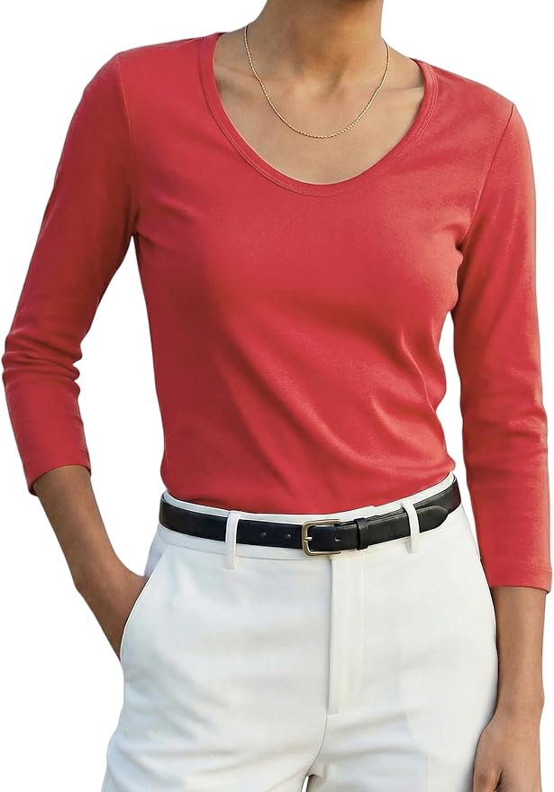 Women's 3/4 Sleeve Scoop Neck T-Shirt Cotton Blend Slim Fit Basic Tee Casual Spring Top 2026