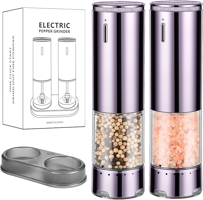 Electric Salt and Pepper Grinder Set Automatic Refillable Salt and Pepper Grinders with LED Light Pepper Grinder Kitchen Gadgets Adjustable Coarseness,One Handed Operation, Large Capacity