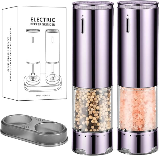 Electric Salt and Pepper Grinder Set Automatic Refillable Salt and Pepper Grinders with LED Light Pepper Grinder Kitchen Gadgets Adjustable Coarseness,One Handed Operation, Large Capacity