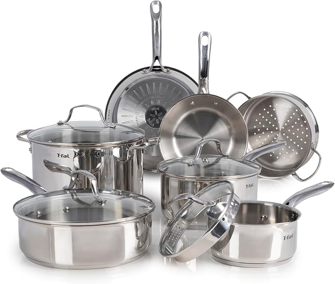 T-fal Stainless Steel Cookware Set, 11 Piece, Induction Cookware, Oven Safe to 500째F, Kitchen Cooking Set w/Fry Pans, Pots and Pans, Dutch Oven, Saucepans, Kitchen Essentials, Silver
