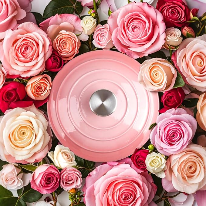 6 Quart Dutch Oven Enameled Cast Iron with Lid - Big Dual Handles - Oven Safe up to 500째F - Classic Round Pot for Versatile Cooking (Pink, 6 QT)